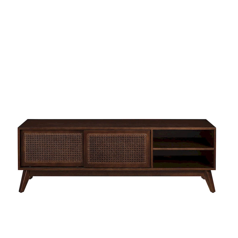 Walnut 59  TV Stand with Open Shelves and Rattan Cabinet Doors for TVs Up to 65