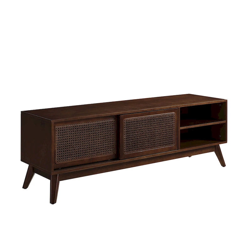 Walnut 59  TV Stand with Open Shelves and Rattan Cabinet Doors for TVs Up to 65