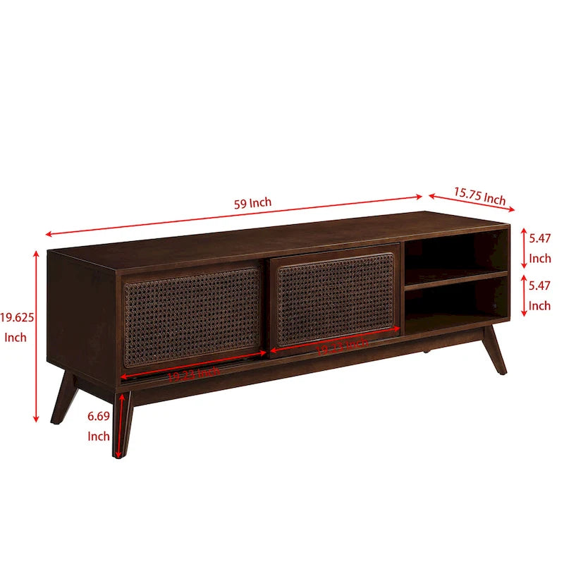 Walnut 59  TV Stand with Open Shelves and Rattan Cabinet Doors for TVs Up to 65