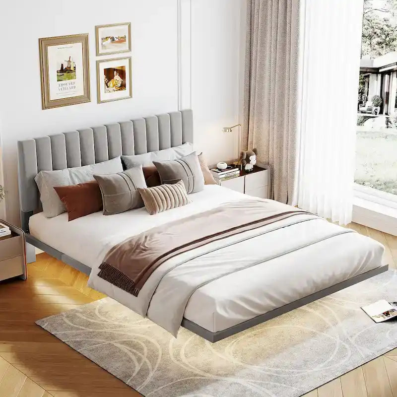 Grey Queen Size Velvet Upholstered Queen Bed with Sensor Light, Floating Platform Design, and Headboard