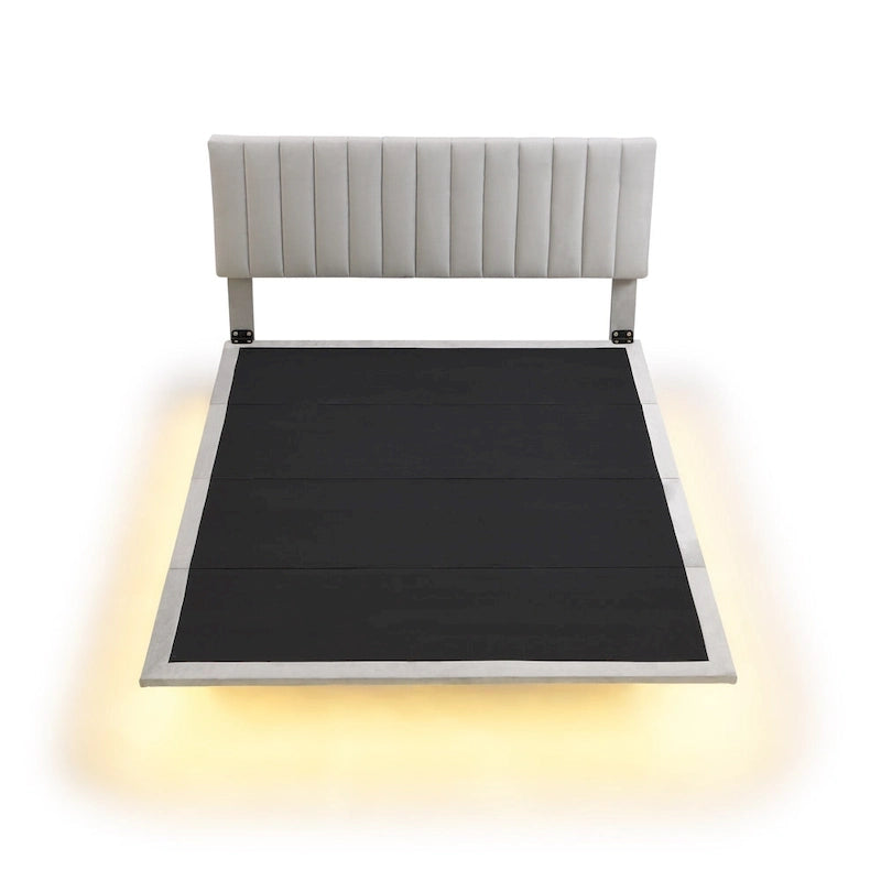 Grey Queen Size Velvet Upholstered Queen Bed with Sensor Light, Floating Platform Design, and Headboard