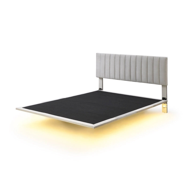 Grey Queen Size Velvet Upholstered Queen Bed with Sensor Light, Floating Platform Design, and Headboard