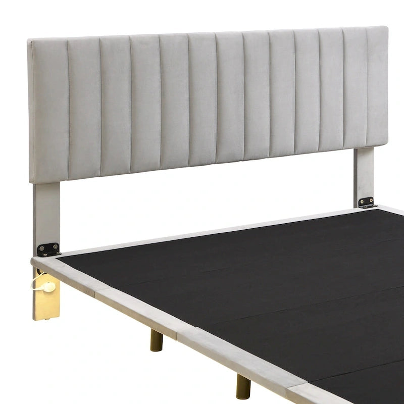 Grey Queen Size Velvet Upholstered Queen Bed with Sensor Light, Floating Platform Design, and Headboard