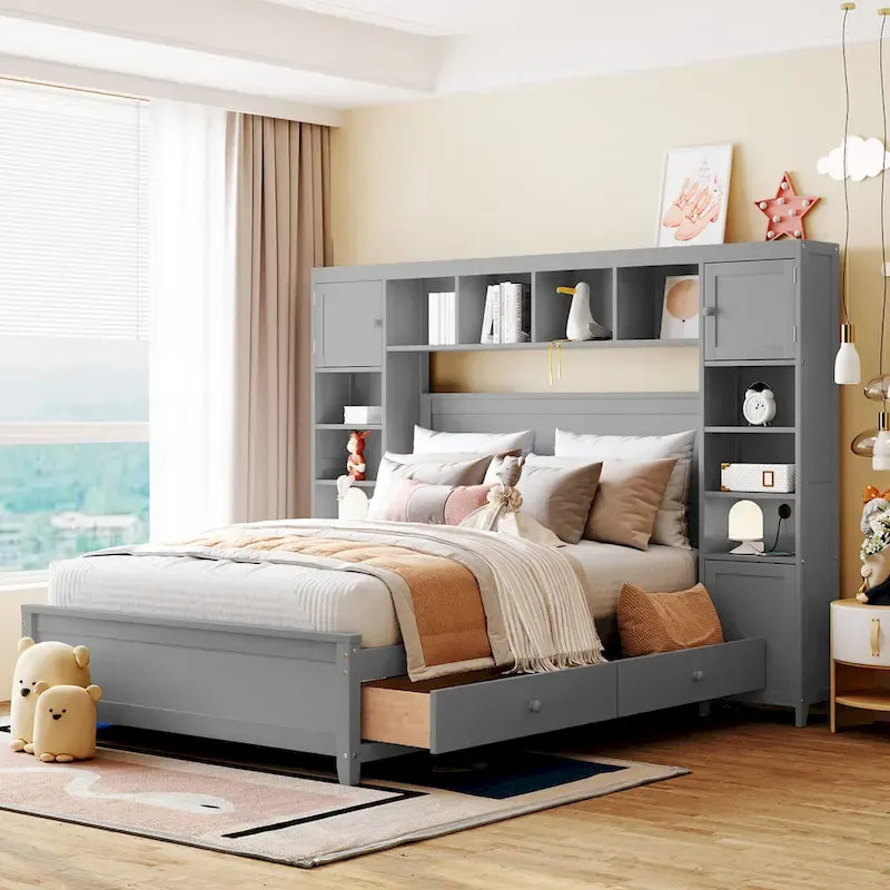 Grey Wooden Full Size Bed With Integrated Storage Cabinet, Shelf, and Drawers, USB Ports