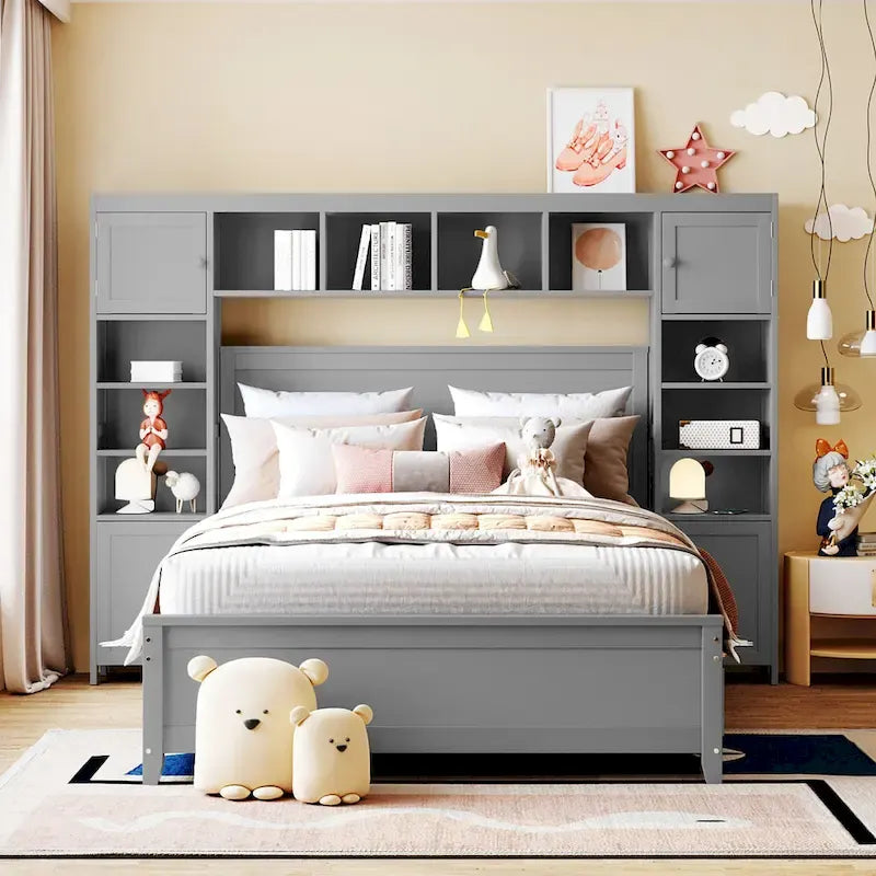 Grey Wooden Full Size Bed With Integrated Storage Cabinet, Shelf, and Drawers, USB Ports