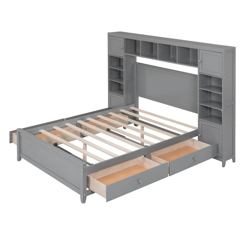 Grey Wooden Full Size Bed With Integrated Storage Cabinet, Shelf, and Drawers, USB Ports