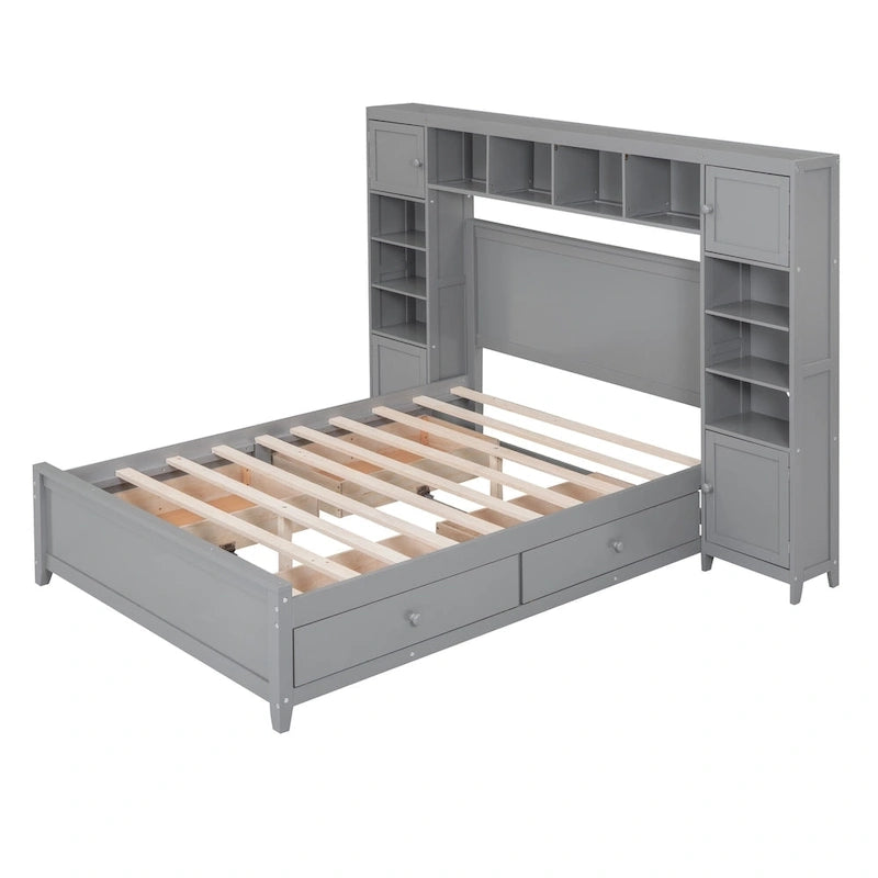Grey Wooden Full Size Bed With Integrated Storage Cabinet, Shelf, and Drawers, USB Ports