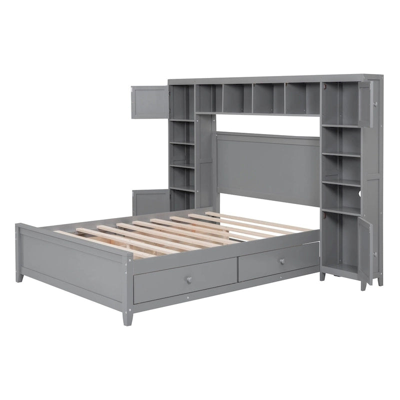 Grey Wooden Full Size Bed With Integrated Storage Cabinet, Shelf, and Drawers, USB Ports