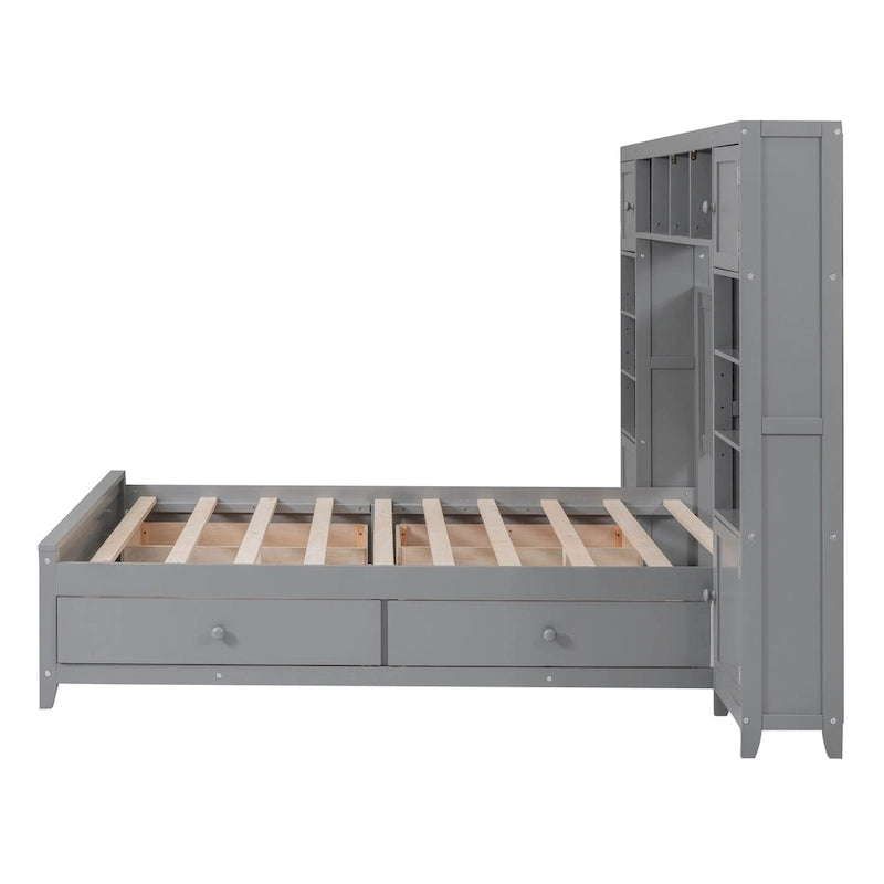Grey Wooden Full Size Bed With Integrated Storage Cabinet, Shelf, and Drawers, USB Ports