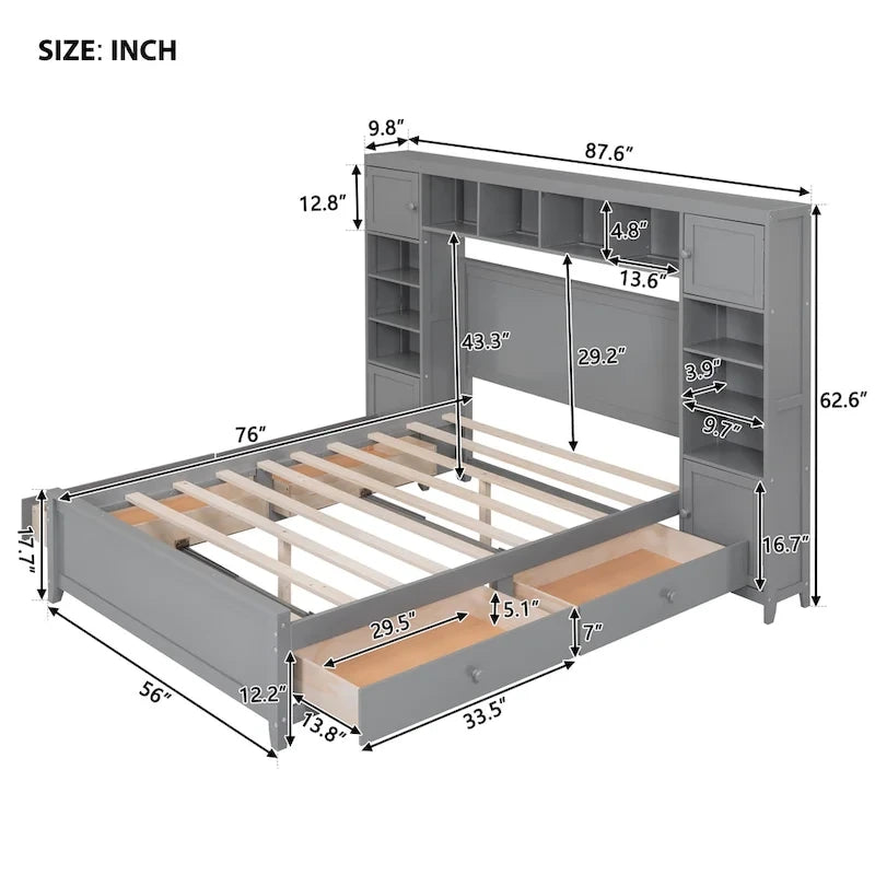 Grey Wooden Full Size Bed With Integrated Storage Cabinet, Shelf, and Drawers, USB Ports