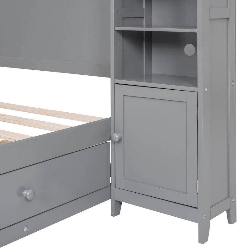 Grey Wooden Full Size Bed With Integrated Storage Cabinet, Shelf, and Drawers, USB Ports