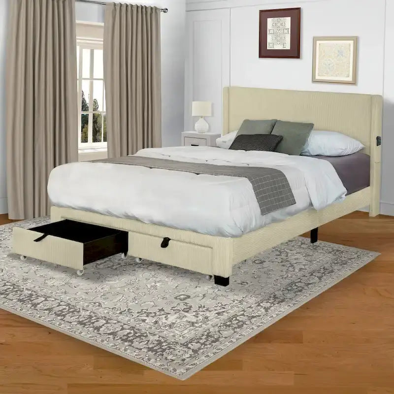 Beige Queen Platform Bed in Corduroy Velvet Upholstered Finish with Wingback Headboard and Footboard Storage