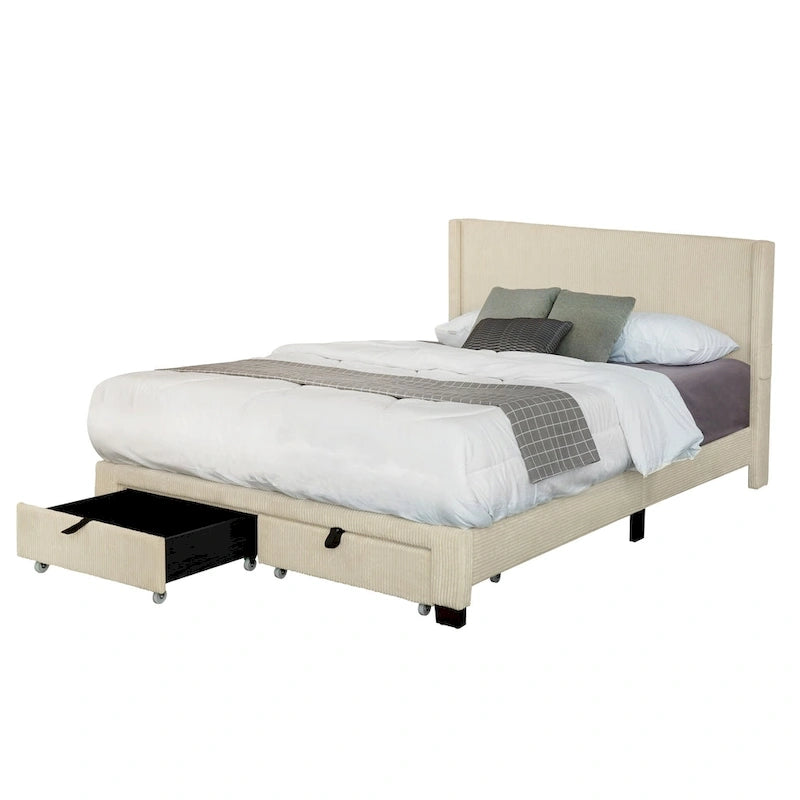 Beige Queen Platform Bed in Corduroy Velvet Upholstered Finish with Wingback Headboard and Footboard Storage