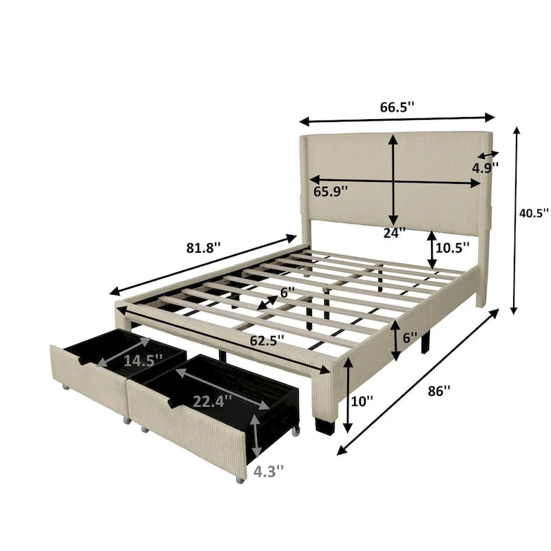 Beige Queen Platform Bed in Corduroy Velvet Upholstered Finish with Wingback Headboard and Footboard Storage