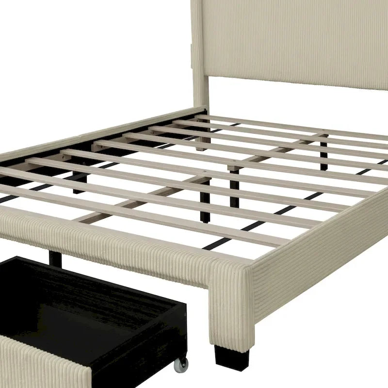 Beige Queen Platform Bed in Corduroy Velvet Upholstered Finish with Wingback Headboard and Footboard Storage