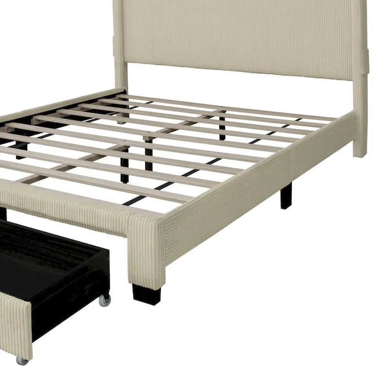 Beige Queen Platform Bed in Corduroy Velvet Upholstered Finish with Wingback Headboard and Footboard Storage
