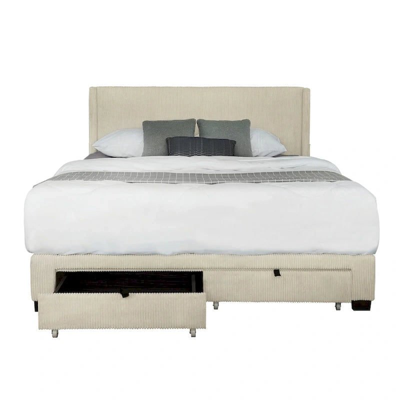 Beige Queen Platform Bed in Corduroy Velvet Upholstered Finish with Wingback Headboard and Footboard Storage