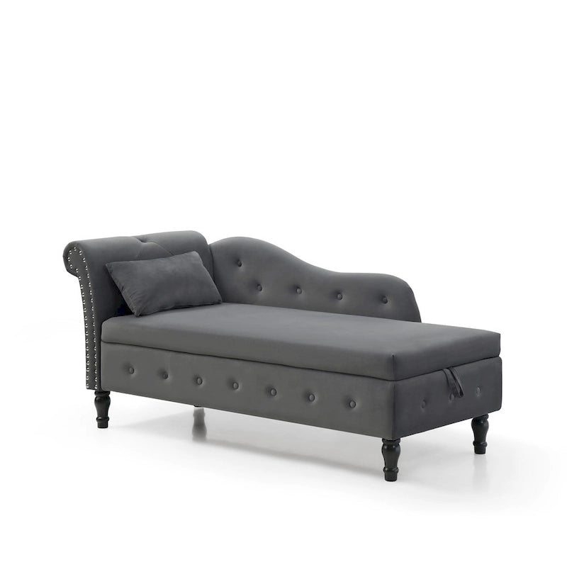 Grey Modern 60  Velvet Upholstered Buttons Tufted Chaise Lounge Chair with Solid Wood Legs and Storage