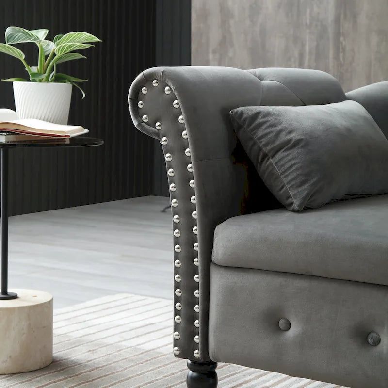Grey Modern 60  Velvet Upholstered Buttons Tufted Chaise Lounge Chair with Solid Wood Legs and Storage