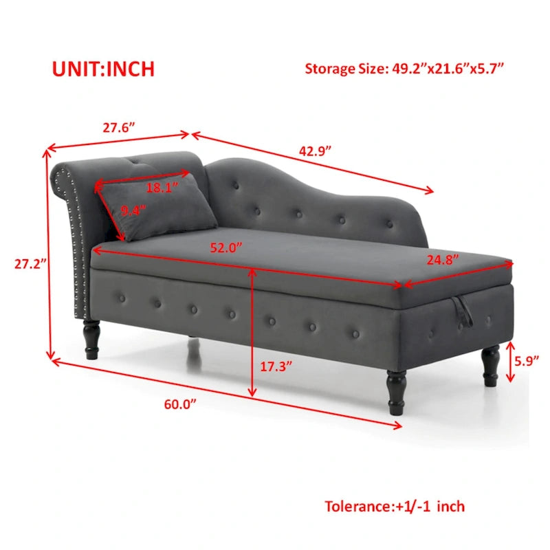 Grey Modern 60  Velvet Upholstered Buttons Tufted Chaise Lounge Chair with Solid Wood Legs and Storage