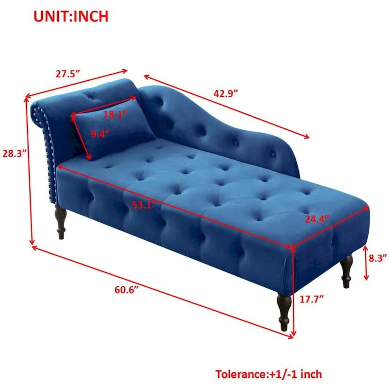 Modern 60.6  Velvet Upholstered Buttons Tufted Chaise Lounge Chair with Solid Wood Legs and Nailheads