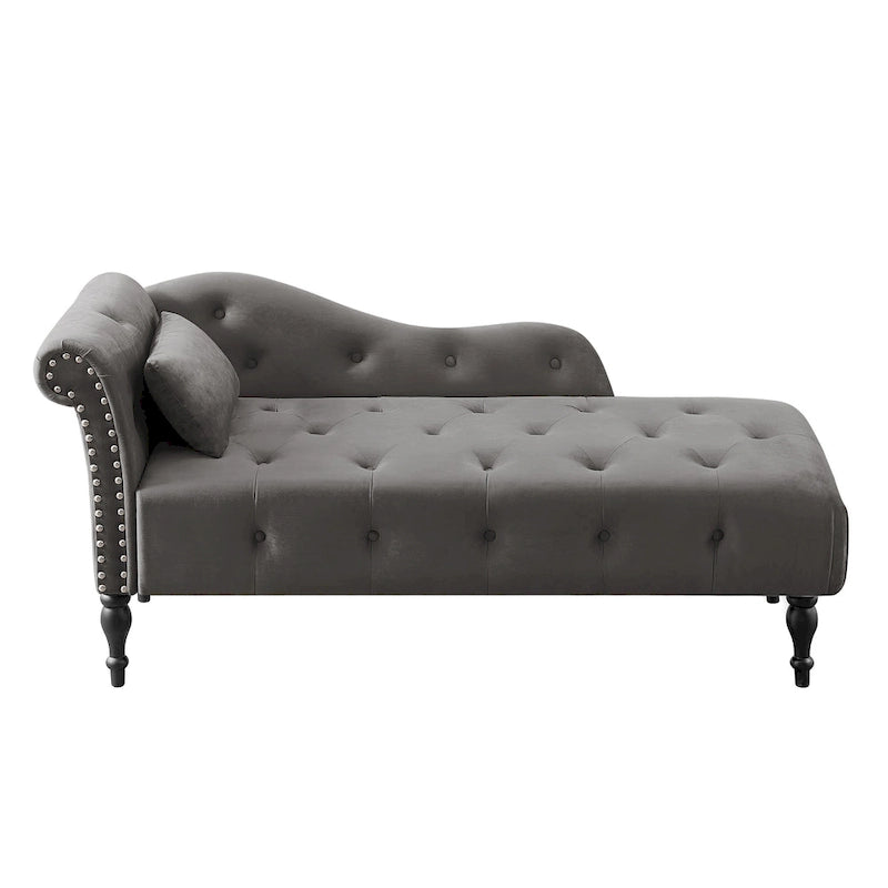 Modern 60.6  Velvet Upholstered Buttons Tufted Chaise Lounge Chair with Solid Wood Legs and Nailheads