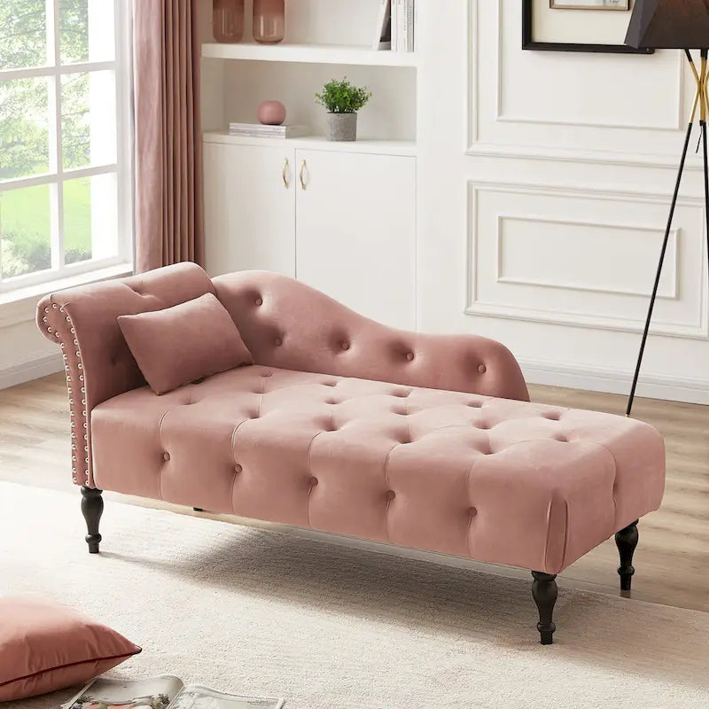 Modern 60.6  Velvet Upholstered Buttons Tufted Chaise Lounge Chair with Solid Wood Legs and Nailheads