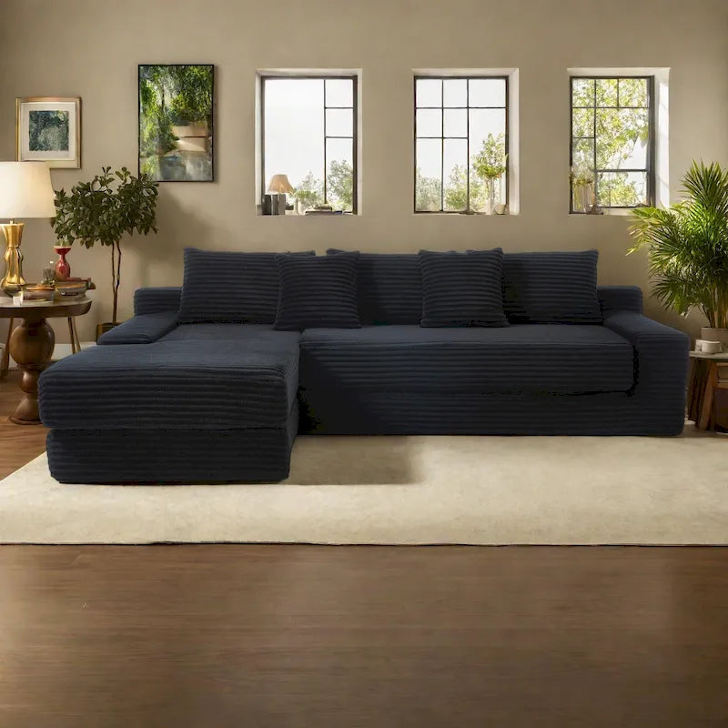 L-Shaped Light Corduroy Sectional Couch with Memory Foam, Steel Frame, and No Assembly Required, Convertible Sofa Bed