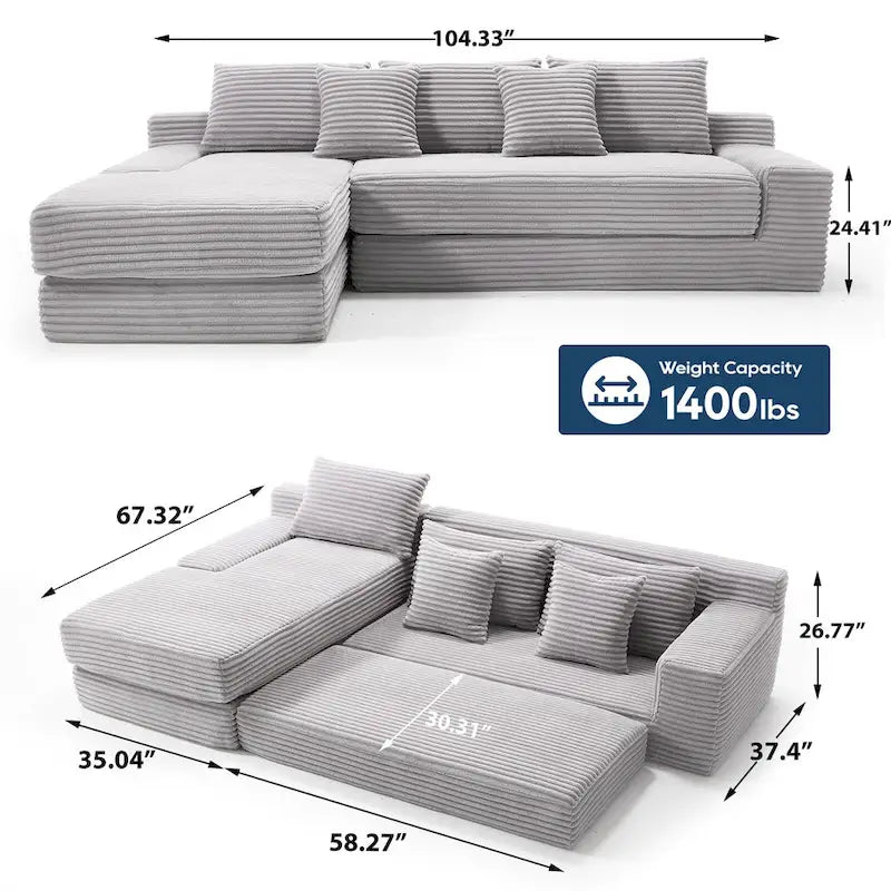 L-Shaped Light Corduroy Sectional Couch with Memory Foam, Steel Frame, and No Assembly Required, Convertible Sofa Bed