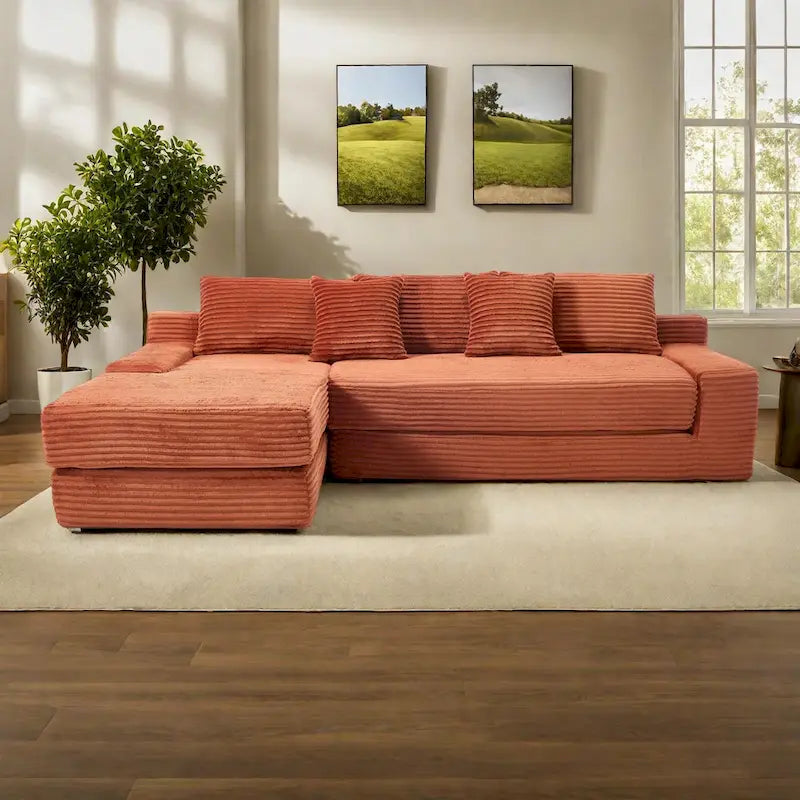 L-Shaped Light Corduroy Sectional Couch with Memory Foam, Steel Frame, and No Assembly Required, Convertible Sofa Bed