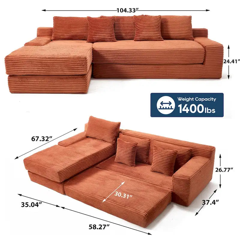 L-Shaped Light Corduroy Sectional Couch with Memory Foam, Steel Frame, and No Assembly Required, Convertible Sofa Bed