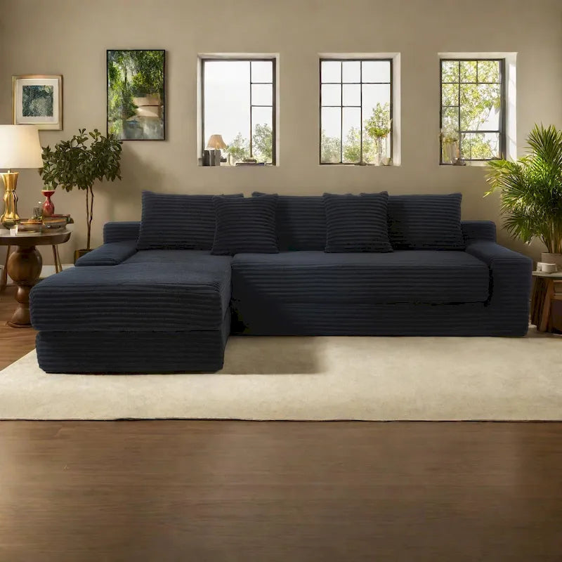 L-Shaped Light Corduroy Sectional Couch with Memory Foam, Steel Frame, and No Assembly Required, Convertible Sofa Bed