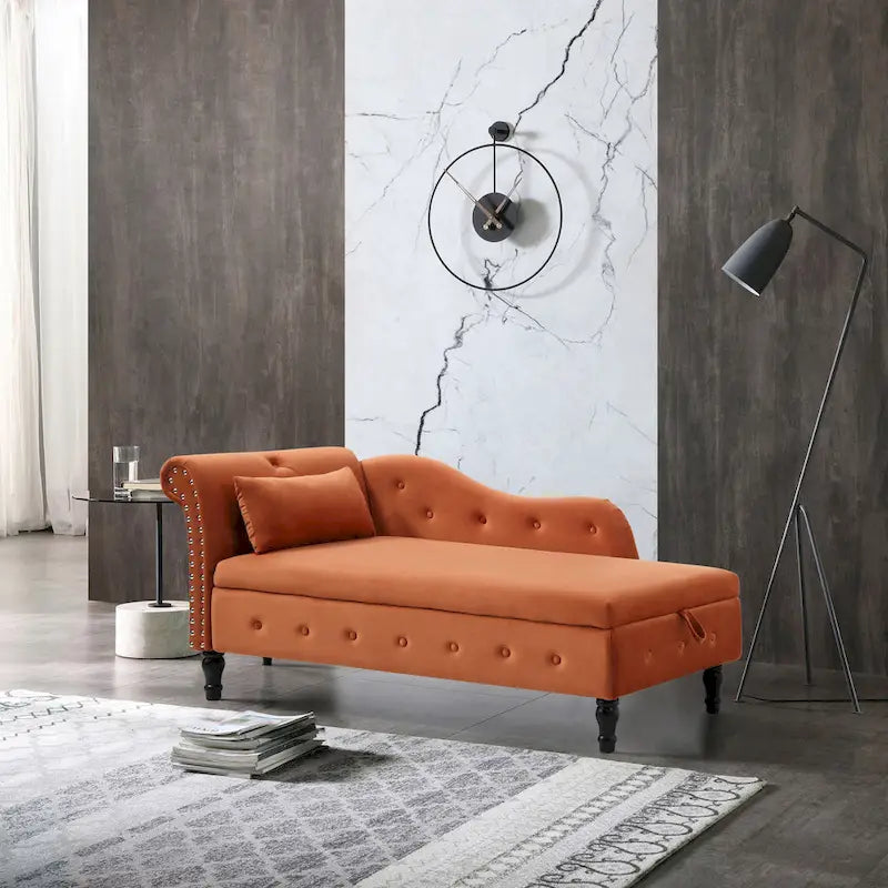 Orange Modern 60  Velvet Upholstered Buttons Tufted Chaise Lounge Chair with Solid Wood Legs and Storage