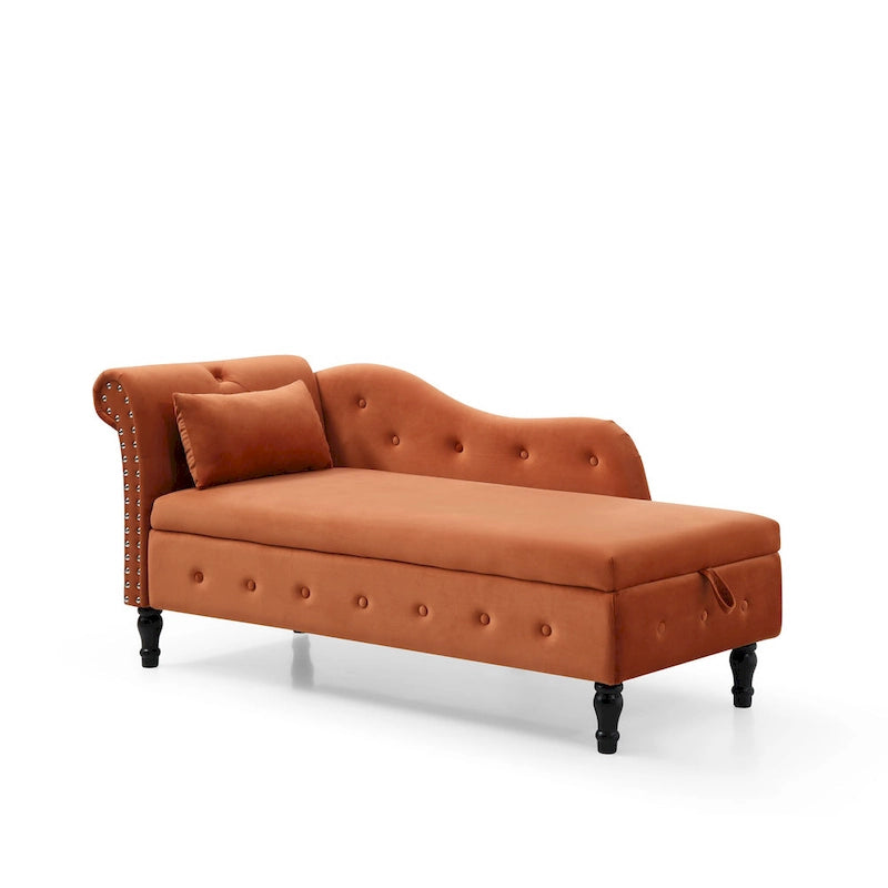 Orange Modern 60  Velvet Upholstered Buttons Tufted Chaise Lounge Chair with Solid Wood Legs and Storage