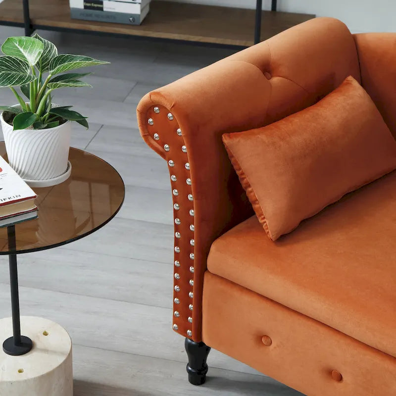 Orange Modern 60  Velvet Upholstered Buttons Tufted Chaise Lounge Chair with Solid Wood Legs and Storage