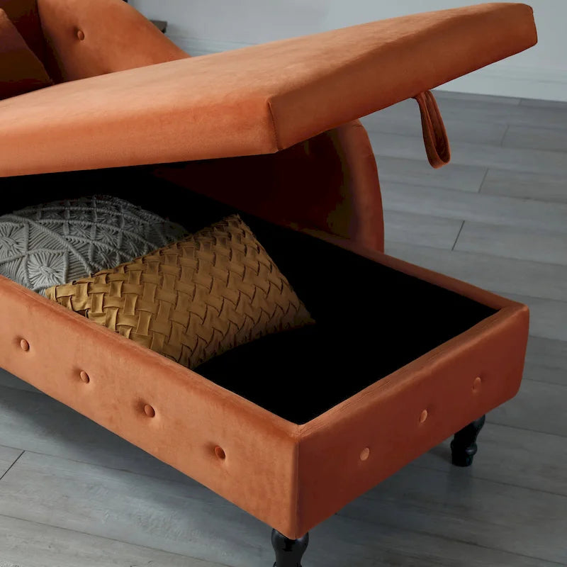Orange Modern 60  Velvet Upholstered Buttons Tufted Chaise Lounge Chair with Solid Wood Legs and Storage