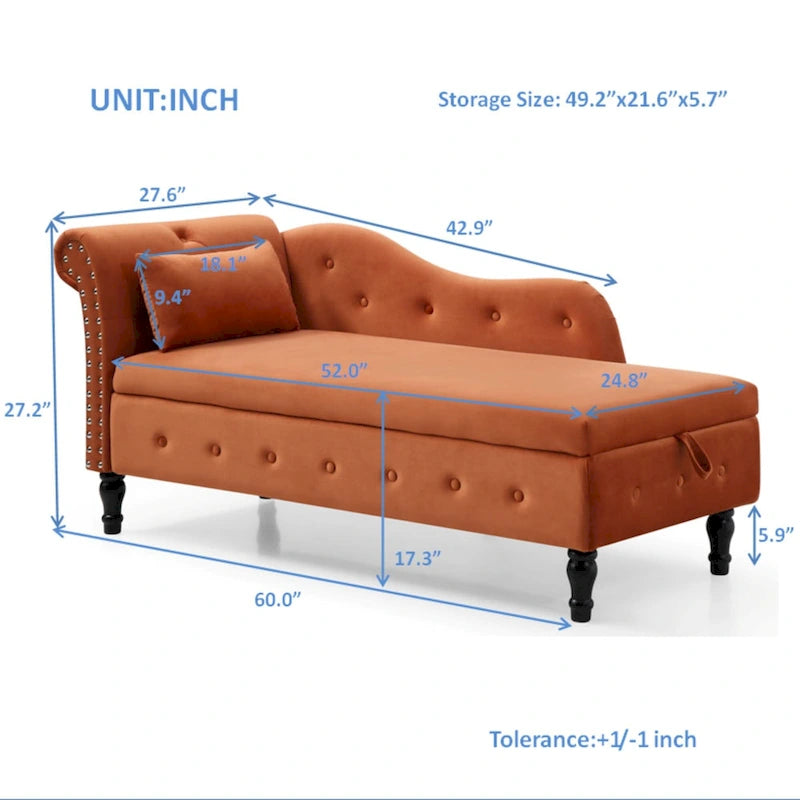 Orange Modern 60  Velvet Upholstered Buttons Tufted Chaise Lounge Chair with Solid Wood Legs and Storage