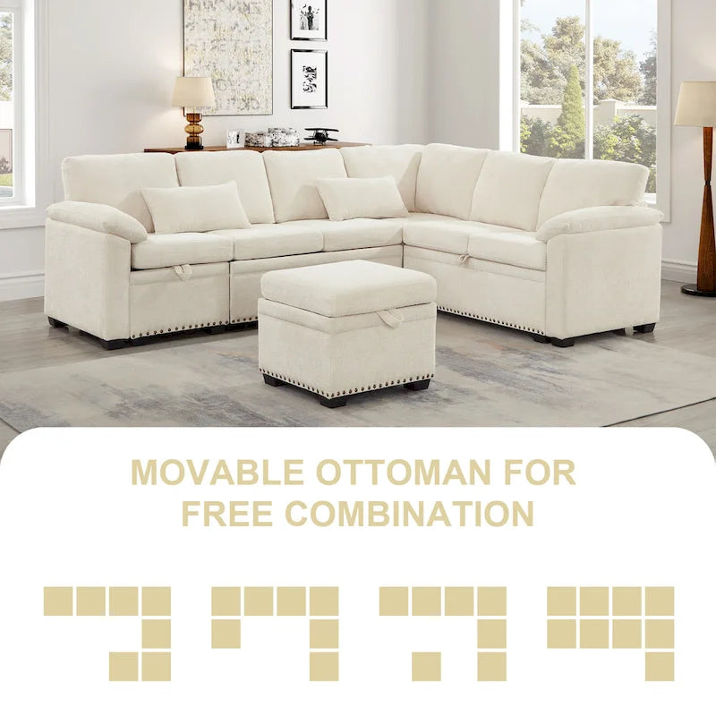 97 Chenille L-Shaped Sectional Sofa with Storage Ottoman, 7 Seats & 2 Pillows - Convertible Sleeper Sofa