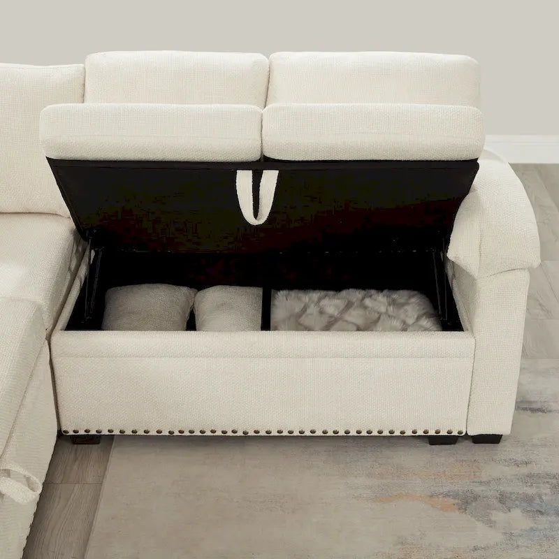 97 Chenille L-Shaped Sectional Sofa with Storage Ottoman, 7 Seats & 2 Pillows - Convertible Sleeper Sofa