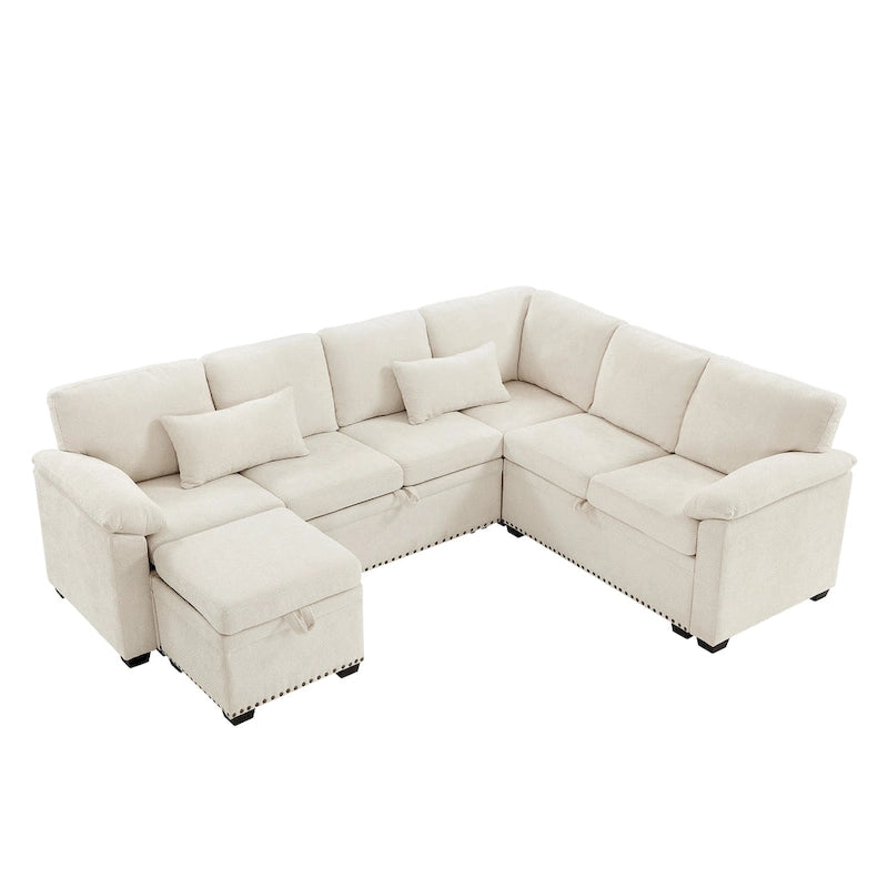 97 Chenille L-Shaped Sectional Sofa with Storage Ottoman, 7 Seats & 2 Pillows - Convertible Sleeper Sofa