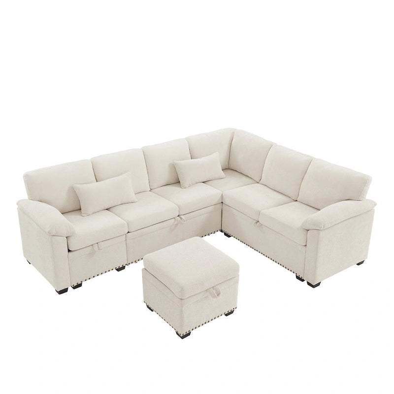 97 Chenille L-Shaped Sectional Sofa with Storage Ottoman, 7 Seats & 2 Pillows - Convertible Sleeper Sofa