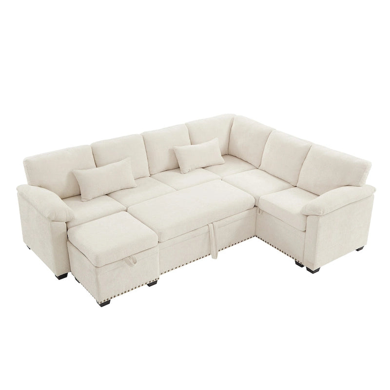 97 Chenille L-Shaped Sectional Sofa with Storage Ottoman, 7 Seats & 2 Pillows - Convertible Sleeper Sofa