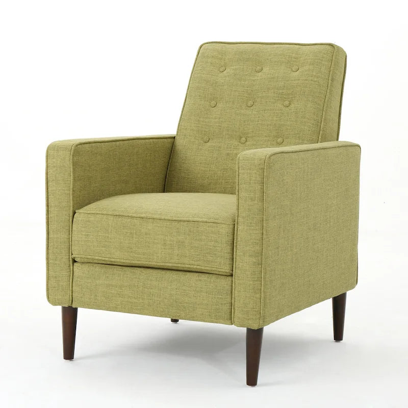 Green Fabric Mid-Century Upholstered Push Back Recliner with Footrest, Button-tufted Backrest, Beech Wood Legs