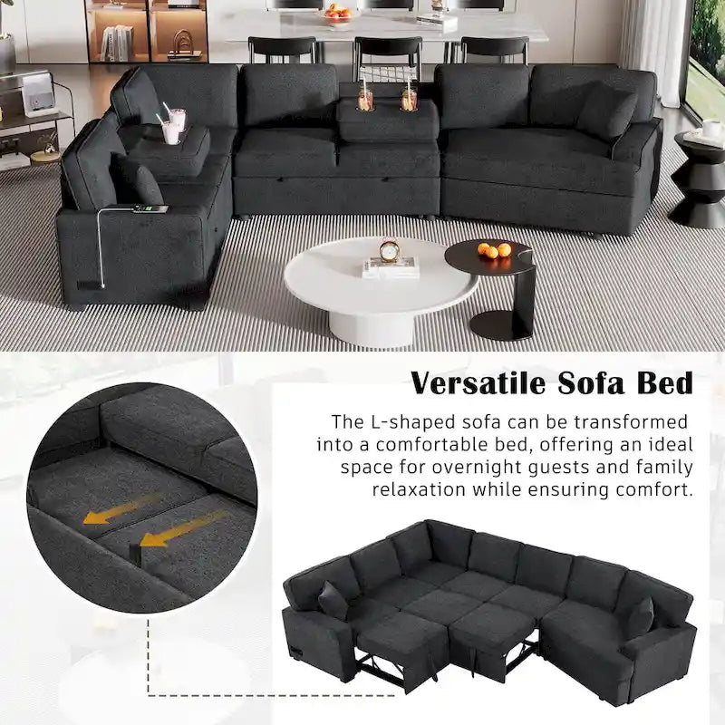Black 126  L-Shaped 6-Seater Sofa with Pull-Out Bed and Cup Holders