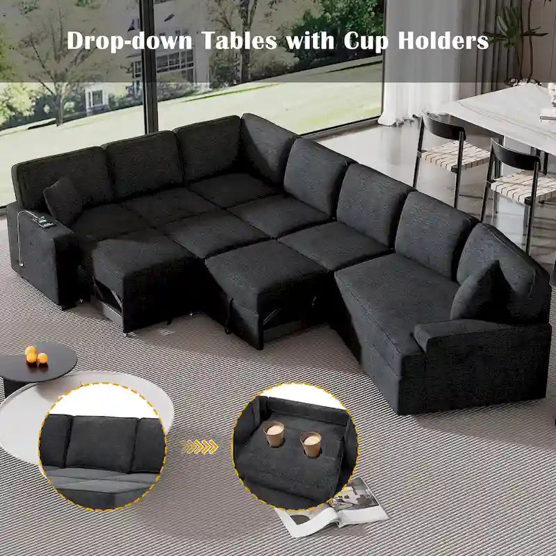 Black 126  L-Shaped 6-Seater Sofa with Pull-Out Bed and Cup Holders