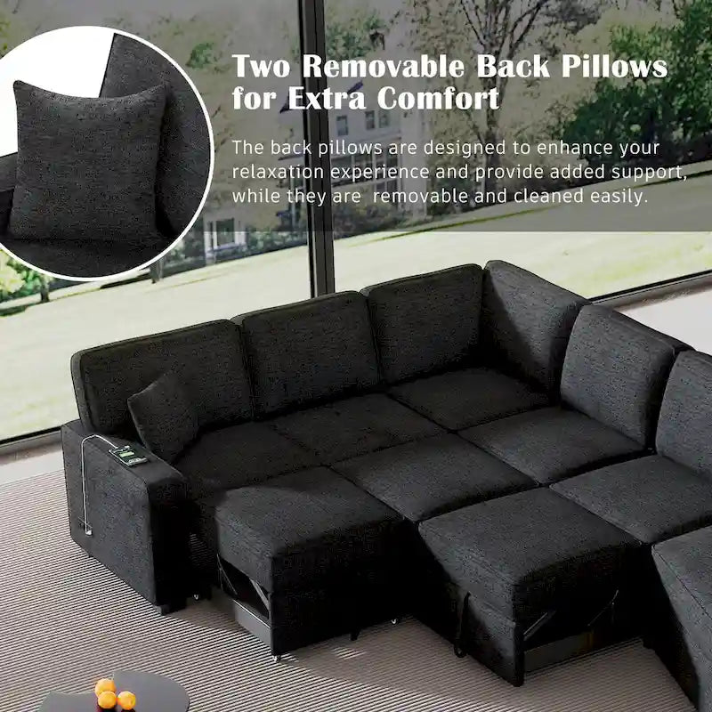 Black 126  L-Shaped 6-Seater Sofa with Pull-Out Bed and Cup Holders