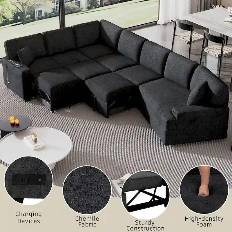 Black 126  L-Shaped 6-Seater Sofa with Pull-Out Bed and Cup Holders