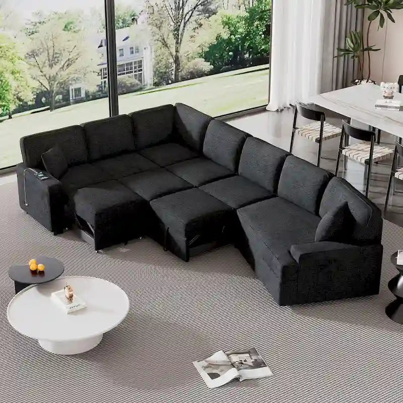 Black 126  L-Shaped 6-Seater Sofa with Pull-Out Bed and Cup Holders