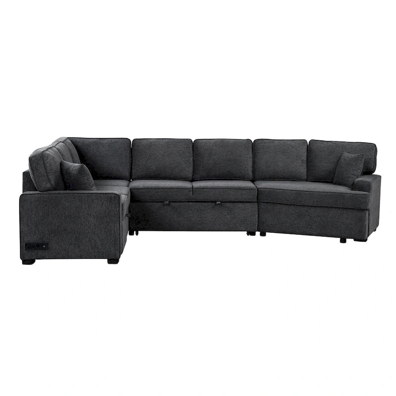 Black 126  L-Shaped 6-Seater Sofa with Pull-Out Bed and Cup Holders