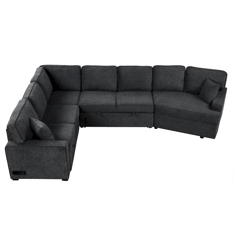 Black 126  L-Shaped 6-Seater Sofa with Pull-Out Bed and Cup Holders